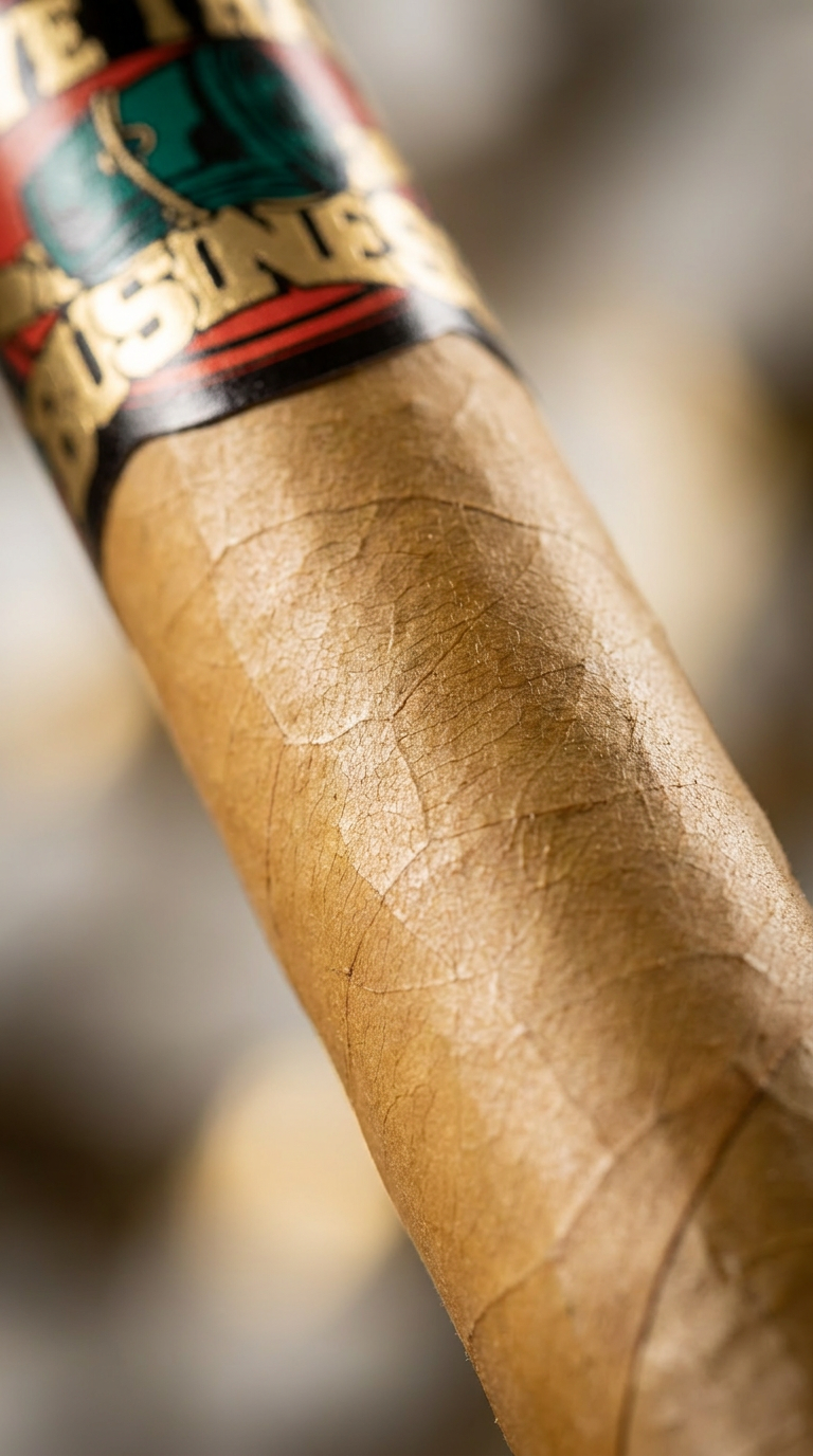 Close-up of We Tha Business Executive Connecticut Churchill cigar and wrapper