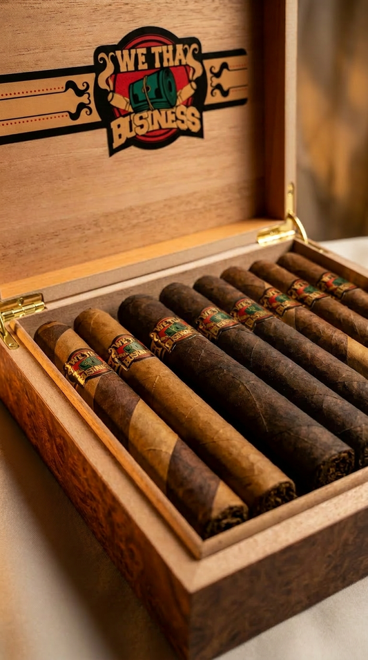We Tha Business Boss 20-cigar sampler with assorted Boss cigars displayed in an open wooden cigar box