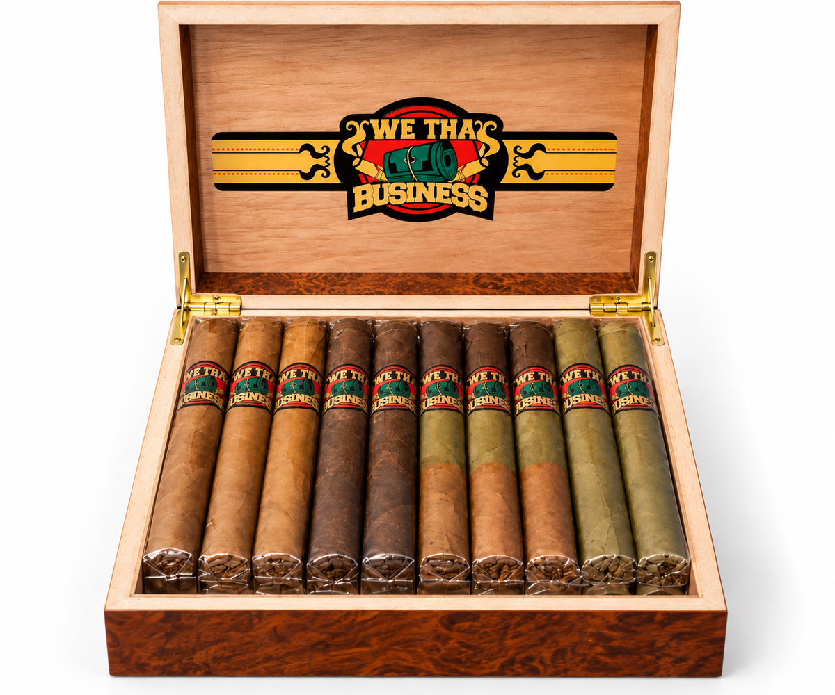 We Tha Business Boss 20-cigar sampler wooden box featuring Connecticut, Cameroon, Candela and Tri-Wrap Toro cigars