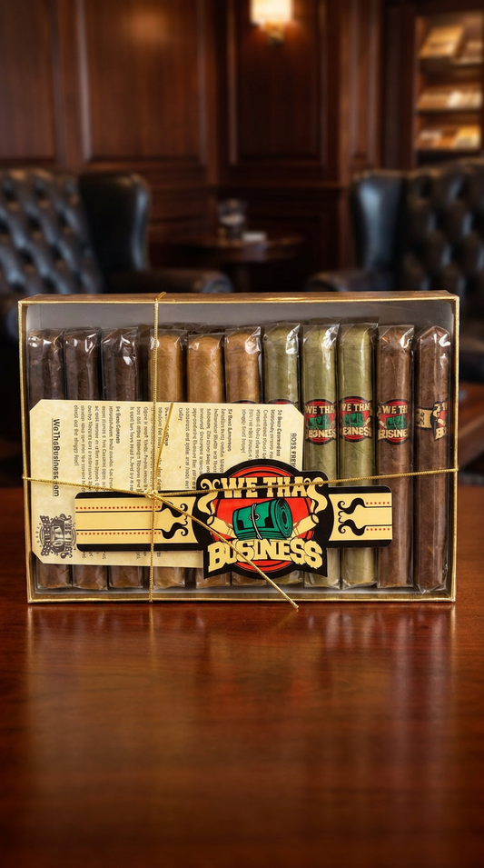 We Tha Business Boss 25-cigar sampler box featuring Connecticut, Cameroon, Candela and Tri-Wrap cigars