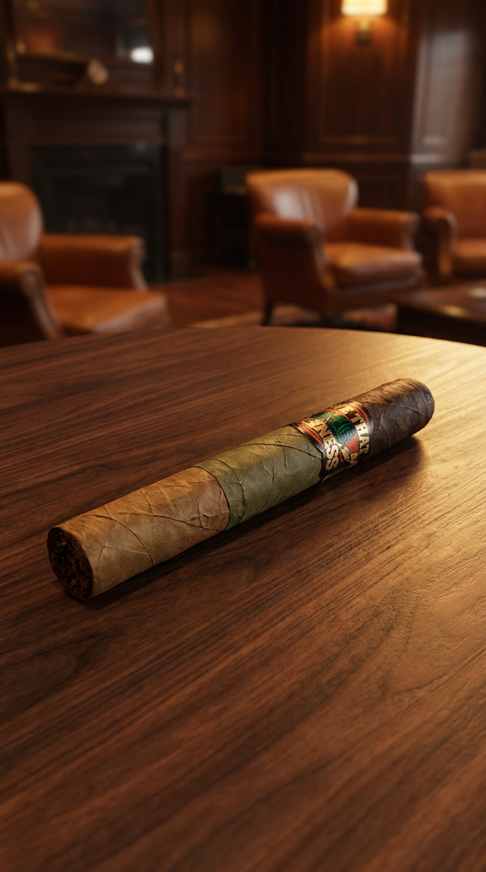 We Tha Business Boss Tri-Wrap 6 x 52 Toro cigar with Candela, Ecuadorian Maduro and Ecuadorian Connecticut wrappers in a cigar lounge