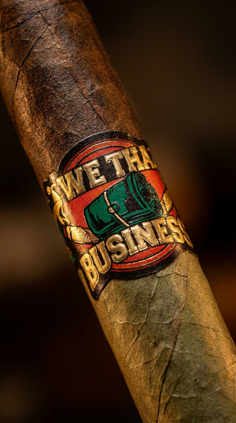 Close-up of We Tha Business Boss Tri-Wrap 6 x 52 Toro cigar showing Candela, Ecuadorian Maduro and Ecuadorian Connecticut wrappers and cigar band