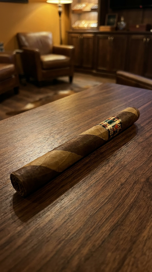 We Tha Business Executive Barber Pole 7 x 48 Churchill cigar on wooden table