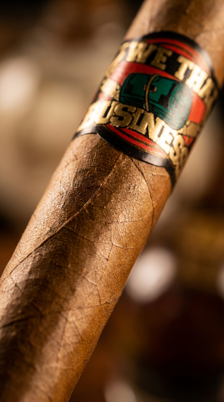 Close-up of We Tha Business Executive Habano Churchill cigar wrapper and band