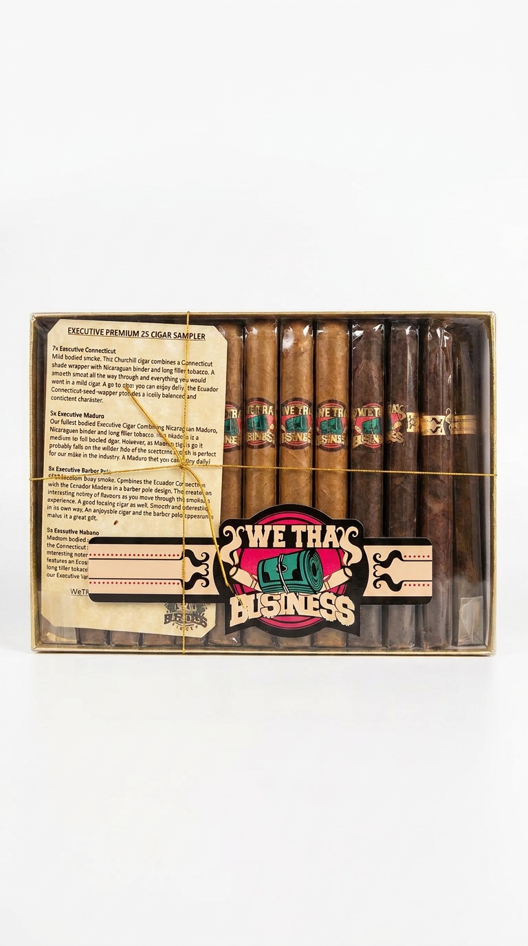 We Tha Business Executive Premium 25-cigar sampler box featuring Connecticut, Habano, Maduro and Barber Pole Churchill cigars