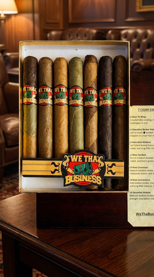 We Tha Business 7-cigar sampler featuring assorted premium cigars presented in a box in a premium cigar lounge